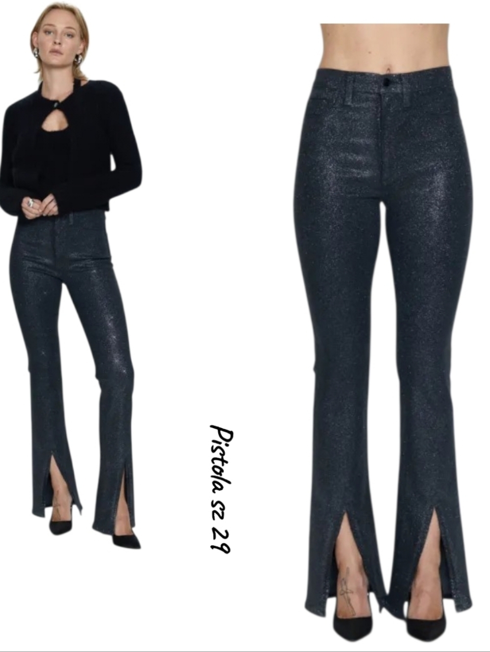 Pistola Colleen High Rise Stargaze Black Glitter Slit Bootcut Jeans 29 NWT